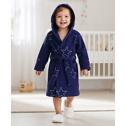 Babyhug Terry Knit Full Sleeves Hooded Bathrobe with Star Print - Navy Blue