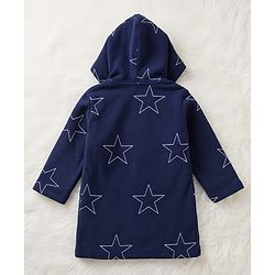 Babyhug Terry Knit Full Sleeves Hooded Bathrobe with Star Print - Navy Blue