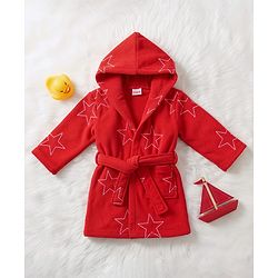 Babyhug Terry Knit Full Sleeves Hooded Bathrobe with Star Print - Red