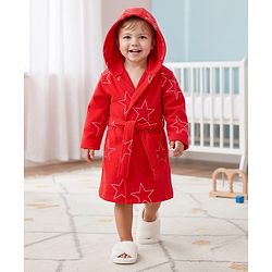 Babyhug Terry Knit Full Sleeves Hooded Bathrobe with Star Print - Red