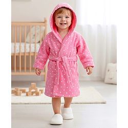 Babyhug Terry Knit Full Sleeves Hooded Bathrobe with Polka Dot Print - Pink
