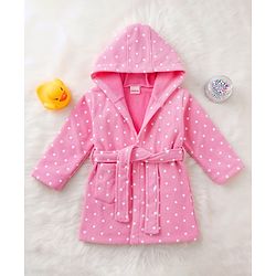 Babyhug Terry Knit Full Sleeves Hooded Bathrobe with Polka Dot Print - Pink