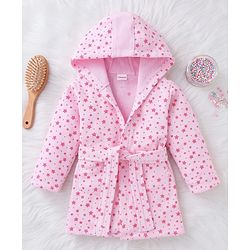 Babyhug Terry Knit Bathrobe with Hoodie & Star Print - Pink