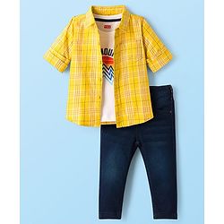 Babyhug Cotton Woven Full Sleeves Checkered Shirt & Denim Jeans with T-Shirt - Yellow