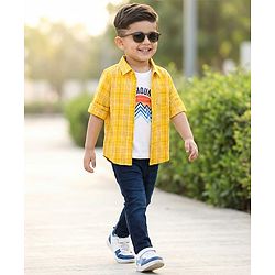 Babyhug Cotton Woven Full Sleeves Checkered Shirt & Denim Jeans with T-Shirt - Yellow