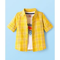 Babyhug Cotton Woven Full Sleeves Checkered Shirt & Denim Jeans with T-Shirt - Yellow
