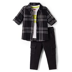Babyhug Cotton Woven Full Sleeves Checkered Shirt & Denim Jeans with T-Shirt - Black