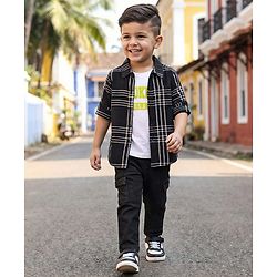 Babyhug Cotton Woven Full Sleeves Checkered Shirt & Denim Jeans with T-Shirt - Black