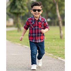 Babyhug Cotton Woven Full Sleeves Checkered Shirt & Denim Jeans - Red & Blue