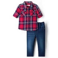 Babyhug Cotton Woven Full Sleeves Checkered Shirt & Denim Jeans - Red & Blue