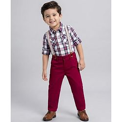 Babyhug Cotton Woven Full Sleeves Checkered Shirt & Trouser Set with Suspender - Maroon