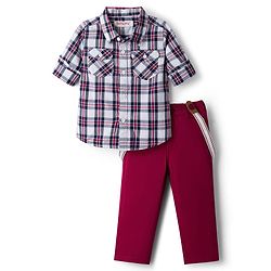 Babyhug Cotton Woven Full Sleeves Checkered Shirt & Trouser Set with Suspender - Maroon