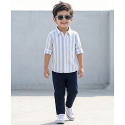 Babyhug Cotton Woven Full Sleeves Striped Shirt & Trouser Set - Light & Navy Blue