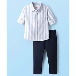 Babyhug Cotton Woven Full Sleeves Striped Shirt & Trouser Set - Light & Navy Blue