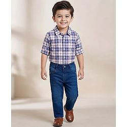 Babyhug Cotton Woven Full Sleeves Checkered Shirt & Denim Jeans Set - Blue