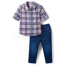 Babyhug Cotton Woven Full Sleeves Checkered Shirt & Denim Jeans Set - Blue