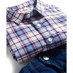 Babyhug Cotton Woven Full Sleeves Checkered Shirt & Denim Jeans Set - Blue