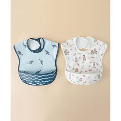Babyhug Waterproof PU Sleeveless Feeding Bibs Pack of 2 - Bunny & Whale Print| Crumb Catcher Pocket| Easy Wipe Clean| Easy Velcro Closure| Weaning & Feeding Bibs| 0+ Months