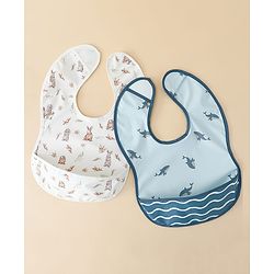 Babyhug Waterproof PU Sleeveless Feeding Bibs Pack of 2 - Bunny & Whale Print| Crumb Catcher Pocket| Easy Wipe Clean| Easy Velcro Closure| Weaning & Feeding Bibs| 0+ Months