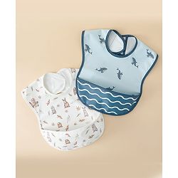 Babyhug Waterproof PU Sleeveless Feeding Bibs Pack of 2 - Bunny & Whale Print| Crumb Catcher Pocket| Easy Wipe Clean| Easy Velcro Closure| Weaning & Feeding Bibs| 0+ Months