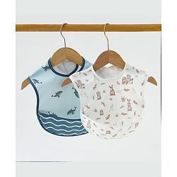 Babyhug Waterproof PU Sleeveless Feeding Bibs Pack of 2 - Bunny & Whale Print| Crumb Catcher Pocket| Easy Wipe Clean| Easy Velcro Closure| Weaning & Feeding Bibs| 0+ Months
