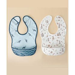Babyhug Waterproof PU Sleeveless Feeding Bibs Pack of 2 - Bunny & Whale Print| Crumb Catcher Pocket| Easy Wipe Clean| Easy Velcro Closure| Weaning & Feeding Bibs| 0+ Months