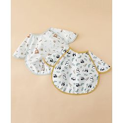 Babyhug Waterproof Polyester Half Sleeves Feeding Bibs Pack of 2 Bunny & Panda Print| Easy  Velcro Closure| Crumb Catcher Pocket| Washable & Lightweight| 0+ Months