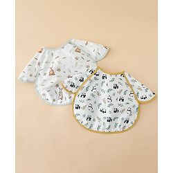 Babyhug Waterproof Polyester Half Sleeves Feeding Bibs Pack of 2 Bunny & Panda Print| Easy  Velcro Closure| Crumb Catcher Pocket| Washable & Lightweight| 0+ Months
