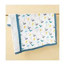 Babyhug 6 Layer Muslin Baby Blanket with Contrast Wide Edge Dinosaur Print - Blue | Absorbent Soft & Breathable| AllSeason Blanket| NewBorn Gifting| Bath Towel, Wrapper, Feeding Towel| Machine Washable
