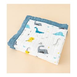 Babyhug 6 Layer Muslin Baby Blanket with Contrast Wide Edge Dinosaur Print - Blue | Absorbent Soft & Breathable| AllSeason Blanket| NewBorn Gifting| Bath Towel, Wrapper, Feeding Towel| Machine Washable