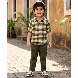 Babyhug Cotton Woven Full Sleeves Checkered Shirt & Trouser Set - Olive Green