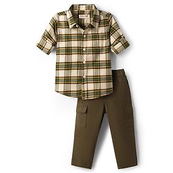 Babyhug Cotton Woven Full Sleeves Checkered Shirt & Trouser Set - Olive Green