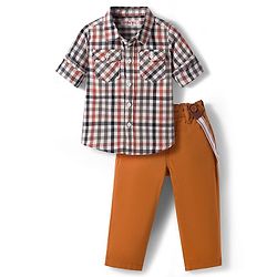 Babyhug Cotton Woven Full Sleeves Checkered Shirt & Trouser Set with Suspender - Mustard