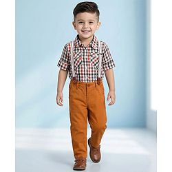 Babyhug Cotton Woven Full Sleeves Checkered Shirt & Trouser Set with Suspender - Mustard