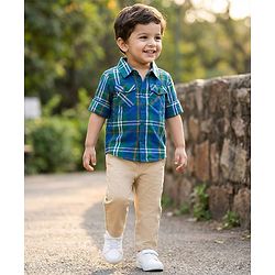 Babyhug Cotton Woven Full Sleeves Checkered Shirt & Trouser Set - Blue & Beige