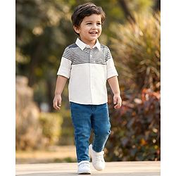 Babyhug Cotton Woven Full Sleeves Striped Shirt & Denim Jeans Set - Blue & White