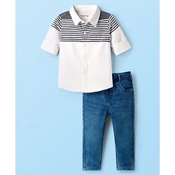 Babyhug Cotton Woven Full Sleeves Striped Shirt & Denim Jeans Set - Blue & White