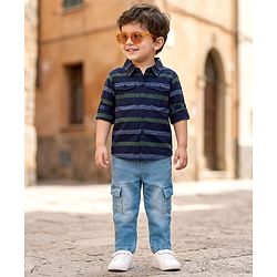 Babyhug Cotton Woven Full Sleeves Striped Shirt & Denim Jeans Set - Navy Blue