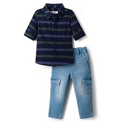 Babyhug Cotton Woven Full Sleeves Striped Shirt & Denim Jeans Set - Navy Blue