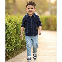 Babyhug Cotton Woven Full Sleeves Striped Shirt & Denim Jeans Set - Navy Blue