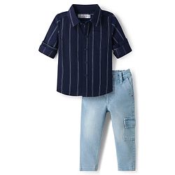Babyhug Cotton Woven Full Sleeves Striped Shirt & Denim Jeans Set - Navy Blue