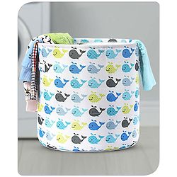 Babyhug Round Canvas Foldable Laundry Bag with Handles Whale Print - White| Storage Basket for Toys & Used Clothes| Washable & Lightweight Organizer for Kids Room