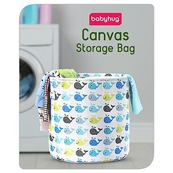 Babyhug Round Canvas Foldable Laundry Bag with Handles Whale Print - White| Storage Basket for Toys & Used Clothes| Washable & Lightweight Organizer for Kids Room