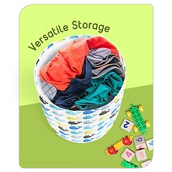 Babyhug Round Canvas Foldable Laundry Bag with Handles Whale Print - White| Storage Basket for Toys & Used Clothes| Washable & Lightweight Organizer for Kids Room