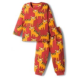 Babyhug Cotton Knit Full Sleeves Co-Ord Night Suit with Animal Print - Brown