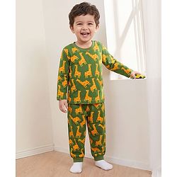 Babyhug Cotton Knit Full Sleeves Co-Ord Night Suit with Animal Print - Green