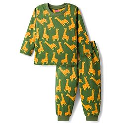 Babyhug Cotton Knit Full Sleeves Co-Ord Night Suit with Animal Print - Green