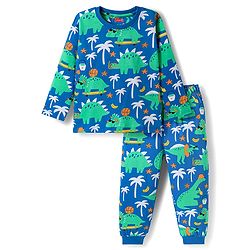 Babyhug Cotton Knit Full Sleeves Co-ord Night Suit With Dino Print - Blue