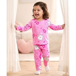 Babyhug Cotton Knit Full Sleeves Co-ords Night Suit with Kitty Print - Pink