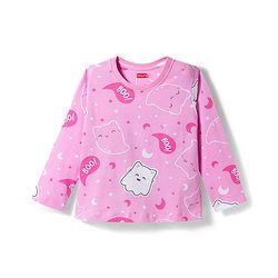 Babyhug Cotton Knit Full Sleeves Co-ords Night Suit with Kitty Print - Pink